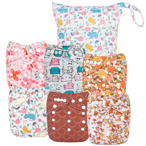 Image of ALVABABY 6pcs Cloth Diaper Covers &1 Wet Dry Bag, Washable Reusable Cloth Diaper Shell for Prefold with Multi-Functional Bag, Flat or Fitted Diaper Inserts 6NKZ05