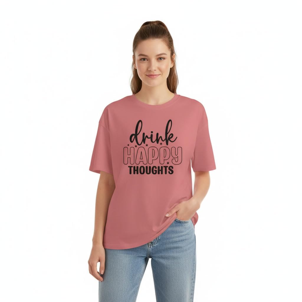 Women's Oversized T-Shirt, Drink Happy Thoughts Graphic Print, 100% Combed Cotton 220 GSM, Crew Neck, Half Sleeve, Casual Cotton Tee-picture-10