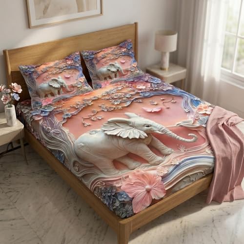 Image of Elephant 7D Printed Bedsheet for Double Bed | Glace Cotton 7D Digital Print | 90x100 Inch (228x254 cm) | 1 Bedsheet + 2 Pillow Covers | Soft, Breathable & Vibrant Colour Bedding Set