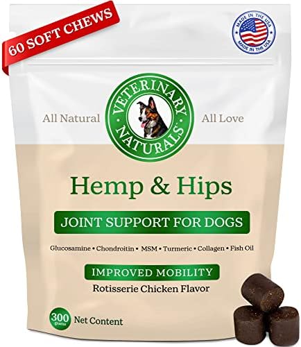 Veterinary Naturals Hemp & HIPS Joint Supplement for Dogs – 60 Soft Chews for Dog Hip and Joint Supplement with Glucosamine for Dogs, MSM, & Turmeric (Rotisserie Chicken)