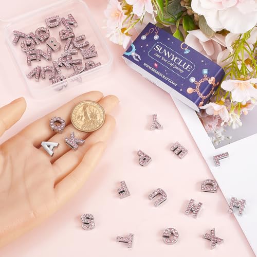 SUNNYCLUE 1 Box 52Pcs 26 Styles Crystal Alphabet Charm Bead 8mm Letter Rhinestone Charms Bulk Pink Metal Alloy Slide Full Rhinestones Art 3D A-Z Beads Charm for jewellery Making DIY Necklace Bracelet - Image 3