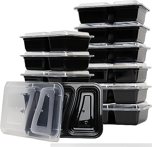 صندوق بينتو بقسمين واغطية لحفظ ماكولات الغداء بشكل قابل للتكديس خال من BPA هو امن للاستخدام في الميكروويف وغسالة الصحون والثلاجة البيادر - 10 قطع 32 اونصة بلاستيك أسود