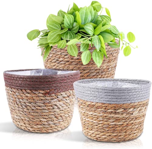 3Pcs Panier de Jardinière/Pots de Fleurs Tressé en Jonc de Mer, Seagrass Planteur de Plante avec Doublure en Plastique Étanche, Panier de Rangement, pour Jardin Décoration de Mariage (Tricolore)
