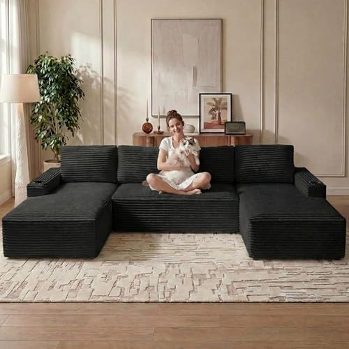 Image of 133 inch U-Shape Cloud Couch, Modern Modular Sectional U-Shape Sofa, Corduroy Boneless Couch Upholstered Couches Deep Seat Sleeper Chaise Longue for Living Room, No Assembly Required, Black