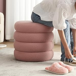 Round ottoman with storage boucle storage ottoman with removable lid upholstered sherpa foot rest stools for living room pink  urban country home decor
