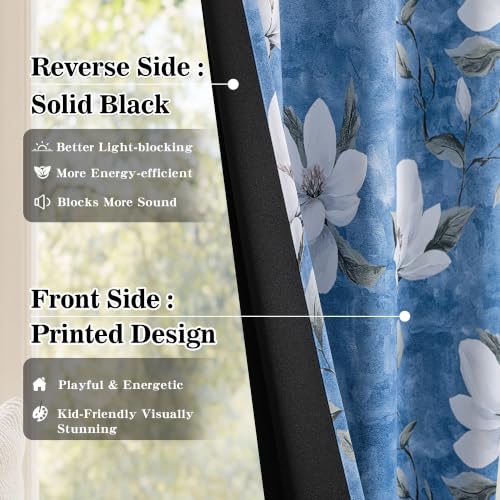 Image of MYSKY HOME Floral 95% Blackout Curtains 96 Inch Length 2 Panels Dusty Blue