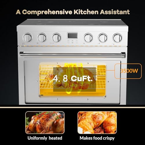 30'' Electric Range Oven with 4 Heating Elements Cooktop, Professional Convection Oven, 4.8 cu. ft Capacity, in Stainless Steel, Clock, Smooth Glass Top