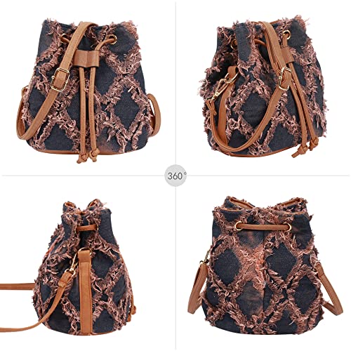 Image of Women Denim Mini Bucket Shoulder Crossbody Bag Drawstring Quilted Distressed Tassel Barrel Shape Satchel Purse