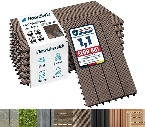 Floordirekt WPC Fliesen 60x30 cm, 1m² = 6 Terrassenfliesen, Klick...