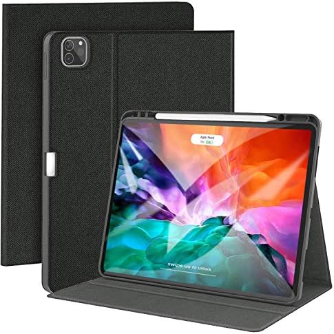 Supveco iPad Pro 12.9 Case 2020/2018 with Pencil Holder, Denim Stand Folio Protective Cover, with Auto Wake/Sleep Function for iPad Pro 12.9'' 4th/3rd Generation, Black