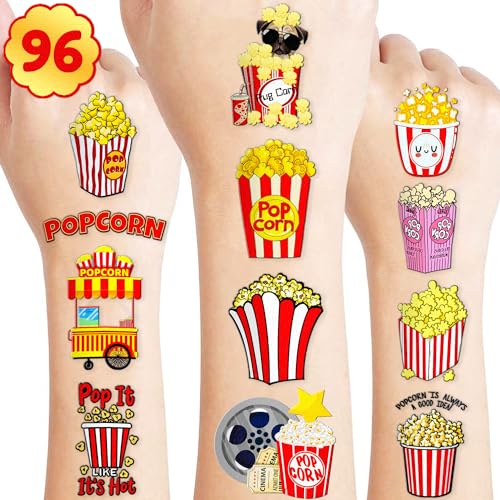 96 PCS Movie Night And Popcorn Corn Temporary Tattoo Stickers Themed Birthday Party Decorations Favors Supplies Decor Cute Cartoon Aesthetic Tattoos Sticker Gifts For Kids Boys Girls Prizes Carnival