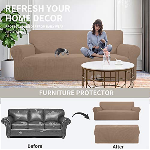 Image of Easy-Going Stretch Oversized Loveseat Slipcover 1-Piece Sofa Cover Furniture Protector Couch Soft with Elastic Bottom for Kids Polyester Spandex Jacquard Fabric Small Checks Camel