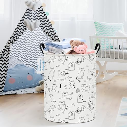 Image of Round Laundry Basket Collapsible Storage Hamper Organizer Cat | Waterproof Canvas Foldable Baskets with sturdy Handles Multi-scene Organizer for Home Play Bedroom Gift Bin