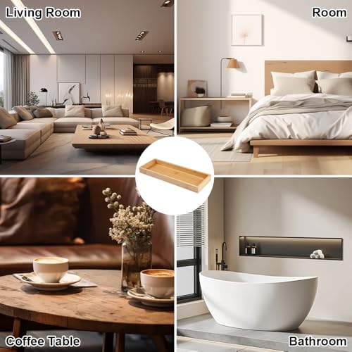 Kosmetik Bambus Tablett Rechteckige Serviertablett Holz, 29X11X3Cm Bambus Serviertabletts, Badezimmer Tablett, Dekotablett Holz Für Zuhause, Hotel, Restaurant, Badezimmer, Frisiertisch