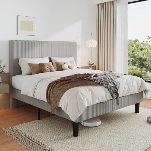Image of Allewie Queen Bed Frame, Corduroy Tufted Headboard, Light Grey | Soft Corduroy Fabric, Adjustable Headboard, 900 lb Capacity, Wooden Slats, No Box Spring Needed, Easy Assembly