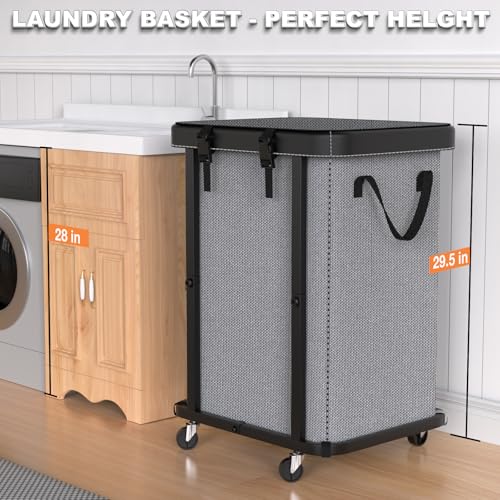 Image of 150L (40 Gal) Large Fashion Laundry Basket with Wheels, Leather Patchwork Rolling Hamper Carts, Sturdy Metal Frame, Removable Washable Bag, Tall Clothes Sorter for Bedroom, Laundry Room - Gary