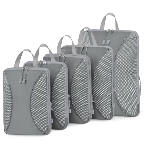 TRMFUSA Compression Packing Cubes for travel, 5 Set Packing Cubes Travel Organizer, Compressible Travel Storage Cubes Travel Essentials, Packing Organizers for Carry-on Luggage Suitcase, Grey