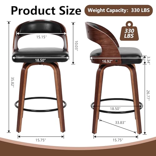 Image of Swivel Bar Stools Set of 2, 26 inch Counter Height Bar Stools with Curved Backrest, Mid-Century Modern PU Fabric Modern Island Chairs with Footrest, for Kitchen, Bar, Restaurant, Cafe, Black