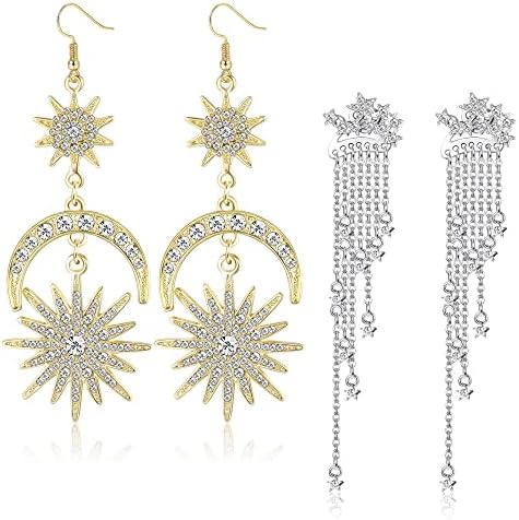 Exaggerated Sun Moon Drop Earrings Gold Boho Vintage Earrings Jewelry Rhinestone Long Dangle Earrings for Women