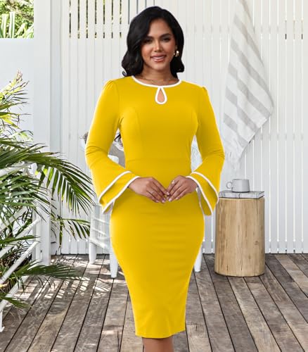 Image of ZonJie Church Dresses for Women Bell Sleeves Business Wear to Work Cocktail Party Pencil Casual Dress