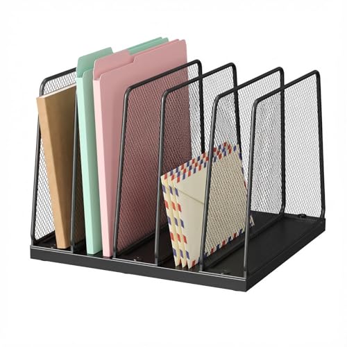 LEKETREE Organizador de arquivos de mesa, classificador de arquivos verticais de 5 seções, suporte de pasta de arquivos vertical, malha de metal, madeira, escritório, organização de mesa para