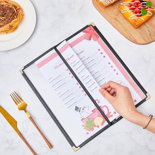 Image of Ziliny 20 Pcs 4.5 x 11 in Transparent Restaurant Menu Covers, Clear Covers | With Metal Corners, Clear PVC Sleeves, Black Folder Menu Book, 2 Page 4 View, For Wine Drinks Coffee Bars Restaurant
