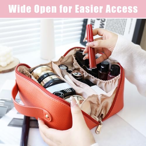 Personalized Travel Makeup Bag, Customized Large Capacity Cosmetic Bag with Printed Name Initials, PU Leather Toiletry Bag for Women, Wide Open Portable Pouch with Divider and Handle, Mothers Day Gift4