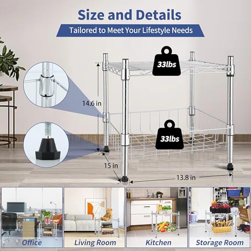Image of Simple Deluxe 2-Tier Shelving Unit, 15 inch W x 13.8 inch D x 15 inch H Wire Metal Stackable Storage with Basket, Chrome, 2 Pack