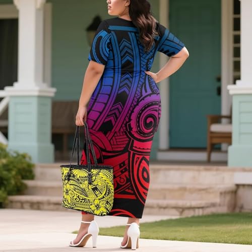 Image of Puletasi Samoan Traditional 2 Piece Outfits for Women Short Sleeve Crop Top and Maxi Skirt Sets Puletasi Dress