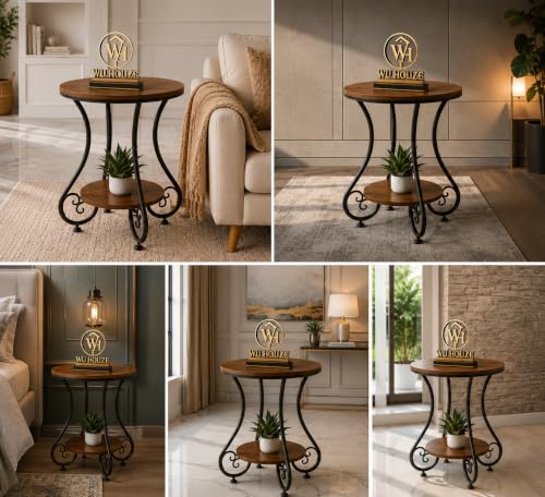 Image of Modern Double-Top Coffee Table with Rustic Farmhouse Accent, Multipurpose Living Room Bedroom, Two-Tier Small Sofa Side Bedside Table with Metal Frame Nightstand (Black BROWNX)