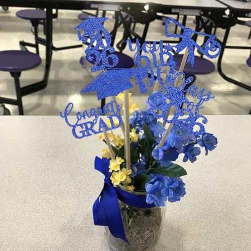 Image of Graduation Centerpiece Sticks 24PCS Glitter Grad Picks Party Table Decor Senior High School College Sign Blue
