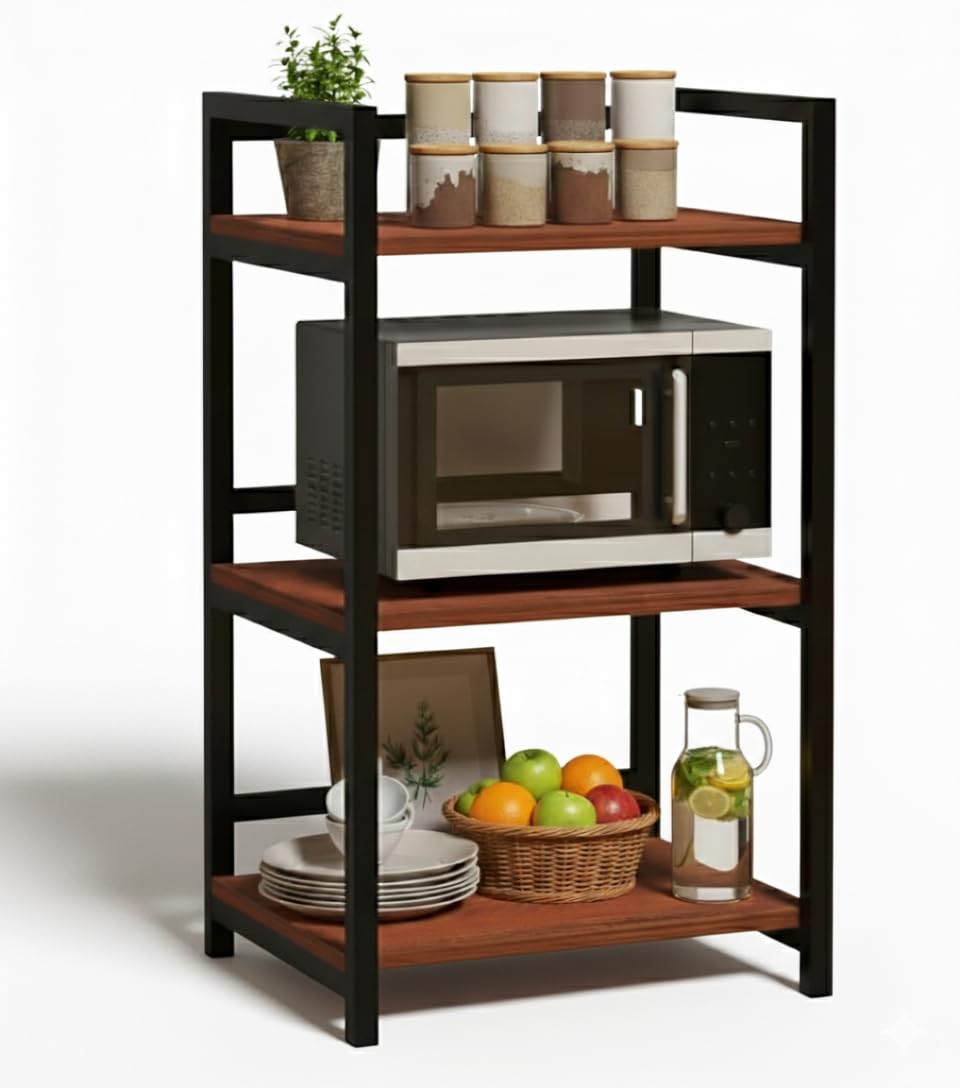Rellon Microwave Stand,Kitchen Rack Oven Rack 3-Tier Counter Shelf,Space Saving Organizer, Two Layers Counter Top Organizer for Printers on Desk, Microwave Shelf Stand-image-3