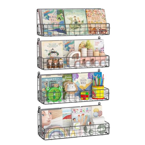 X-cosrack Wall Mounted Metal Kids Bookshelf,Hanging Book Shelf Organizer for Room Decor, Black, Set of 4, Floating Book Shelves for Kids Nursery Toddler Classroom