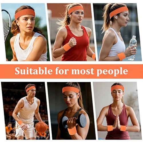 Image of Yolev 3Pieces Sweatband Set, Sports Headband and Wristbands, Set of 1 Headband and 2 Wristbands, for Athletic Men and Women, Black and Neon Green, One Size(Orange)