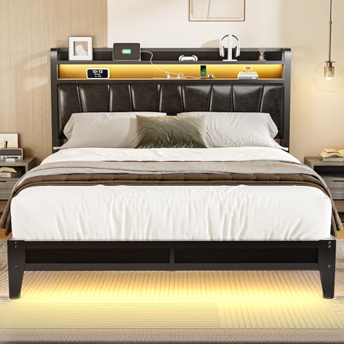 Siihnon Queen Size Bed Frame with 2-Tier Storage Shelves, LED Bed Frame with PU Leather Headboard...