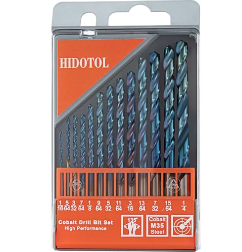Image of HIDOTOL 13 PCS Blue Coating Cobalt Drill Bit Set M35 HSS Twist Drill Bits 1 /16 inch-1 /4 inch for Hardened Metal, Stainless Steel, Cast Iron, Plastic and Wood