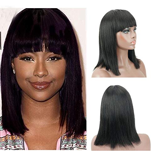 Eseewigs Bob Peluca de cabello humano corto Pelucas rectas con flequillo 130% Densidad Peluca de color negro natural Cabello virgen brasileño Remy para mujer?14 inch)