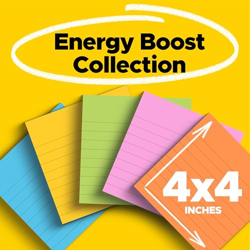 Post-it Super Sticky Lined Notes, 6 Sticky Note Pads, 4 x 4 in., Ideal for Organization in Your Dorm, Home or Office, Energy Boost Collection