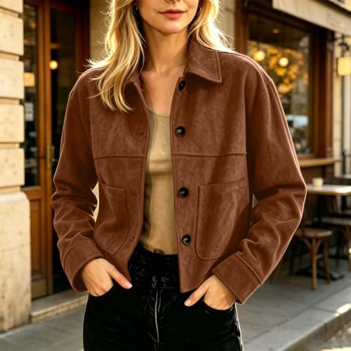 YRAETENM Faux Suede Jacket Women Casual Lightweight Cropped Fall Jackets - image 3
