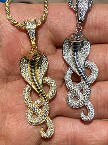 Harlembling Solid 925 Sterling Silver - Natural Or 14K Gold Finish - Fully Iced Hip Hop Snake Pendant - 2.25" Great For Any Necklace (14K Gold Finish) #TOP1