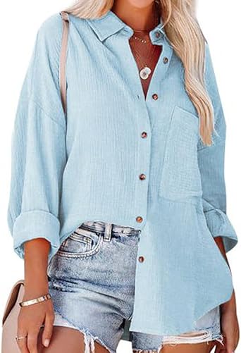 Camisa feminina clássica de botões casual gola V lapela gola brouse solta cor sólida tops com bolso