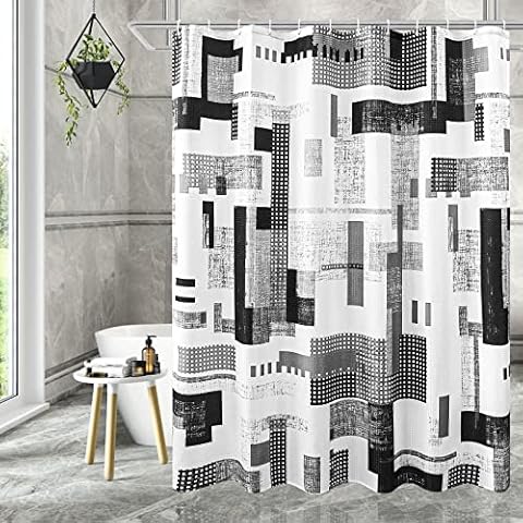 Gibelle Long Shower Curtain 72 x 78, Tall Black Grey White Geometric Shower Curtain, Abstract Modern Waffle Weave Texture Fabric Shower Curtain Set with Hooks Cover
