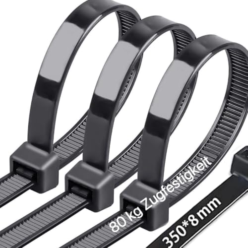 Caiery 100 Stück Große lange Kabelbinder 350 mm x 8 mm UV-Beständig ultra starke Kabelbinder mit 80 kg Zugfestigkeit Schwarz