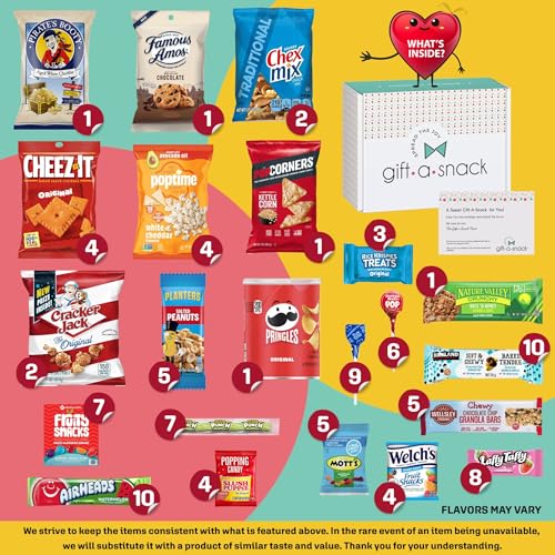 Image of Gift A Snack - Snack Box Variety Pack Care Package + Greeting Card (100 Count) Graduation Birthday Sweet Treats Gift Basket Candies Chips Crackers Bars Office Food Assortments & Variety Gifts