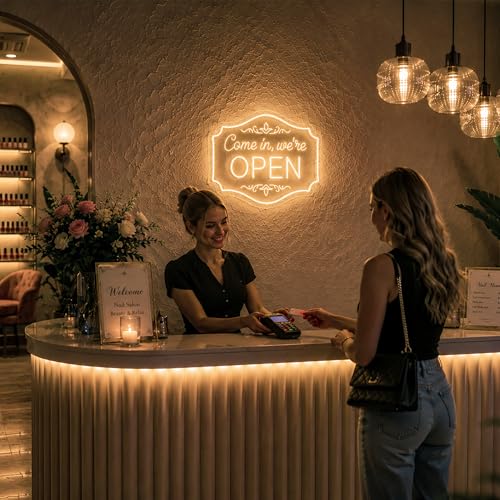 Image of Open Neon Sign for Wall Decor Light Up Sign Come In Led Signs for Room Party Home Wall Decor USB Powered
