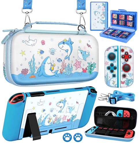Gurgitat 8in1 Kits Accessories Bundle for Nintendo Switch 2017 - Cute Carrying Case, Protective Cover, Joy Con Grips, Thumb Grips, 24 Game Holder, Shoulder Strap Teens Boys Girls, Blue Shark
