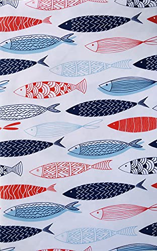 Summer Fish Frenzy Decoratively Drawn Red, White And Blue Vinyl Tablecloth (52 X 70 Oblong) #TOP2