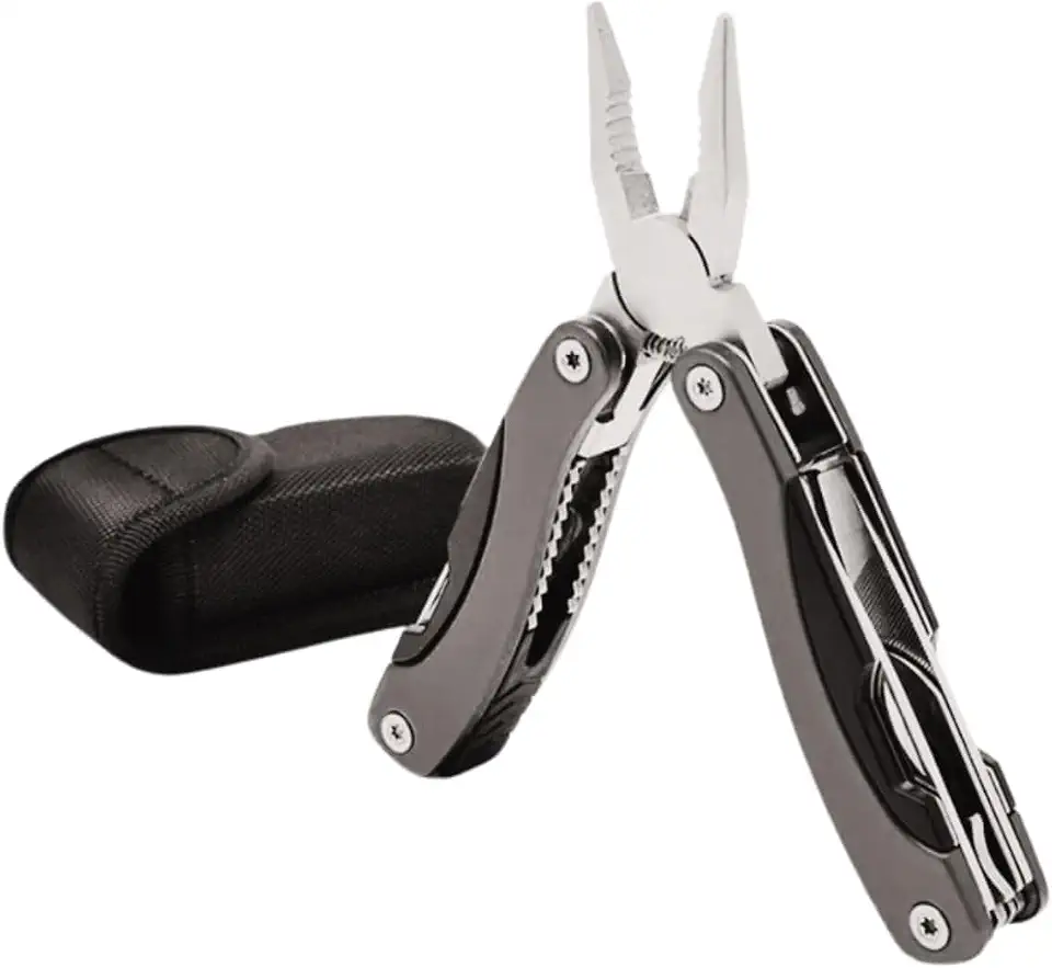 Alicate Multifuncional 9 em 1, Aço Inox, com Bainha, Preto, para Camping e Pesca