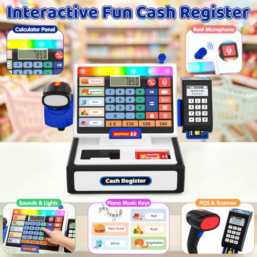 Image of LED Calculator Cash Register Toy with Shopping Cart- Pretend Play Set Kids Cash Register with Scanner, Microphone and Credit Card, Math Skills Toy for 3, 4, 5, 6 7 8+ Year Old Boy Girl