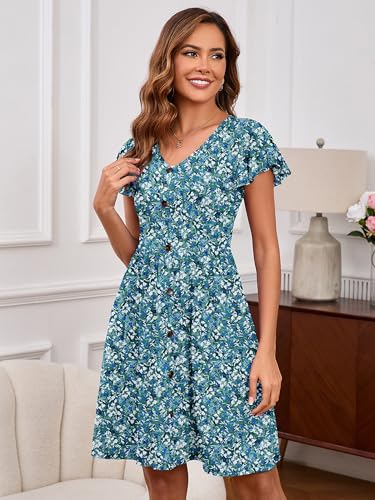 Image of Heymoments Women's Ruffle Sleeve V Neck Swing Sundress Summer Casual A-Line Midi Dress with Pockets S-2XL